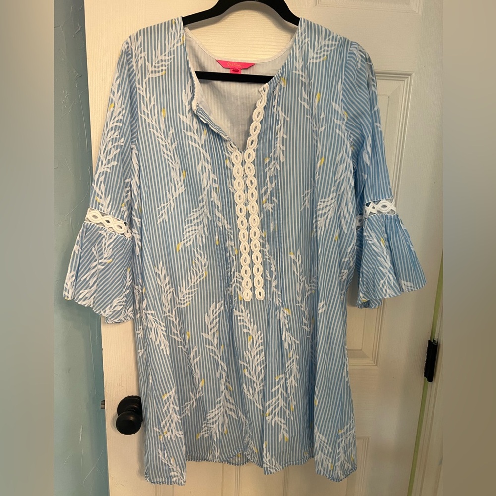 Lilly Pulitzer tunic shift dress XL Blue striped Cotton Long bell sleeves Womens